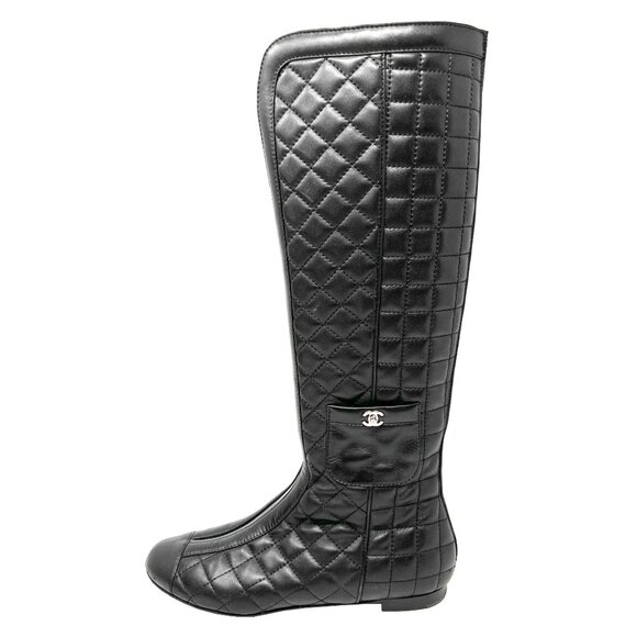Chanel Quilted Leather Knee‑High Flat Boots G27481 Black EU 38 - Picture 1 of 9